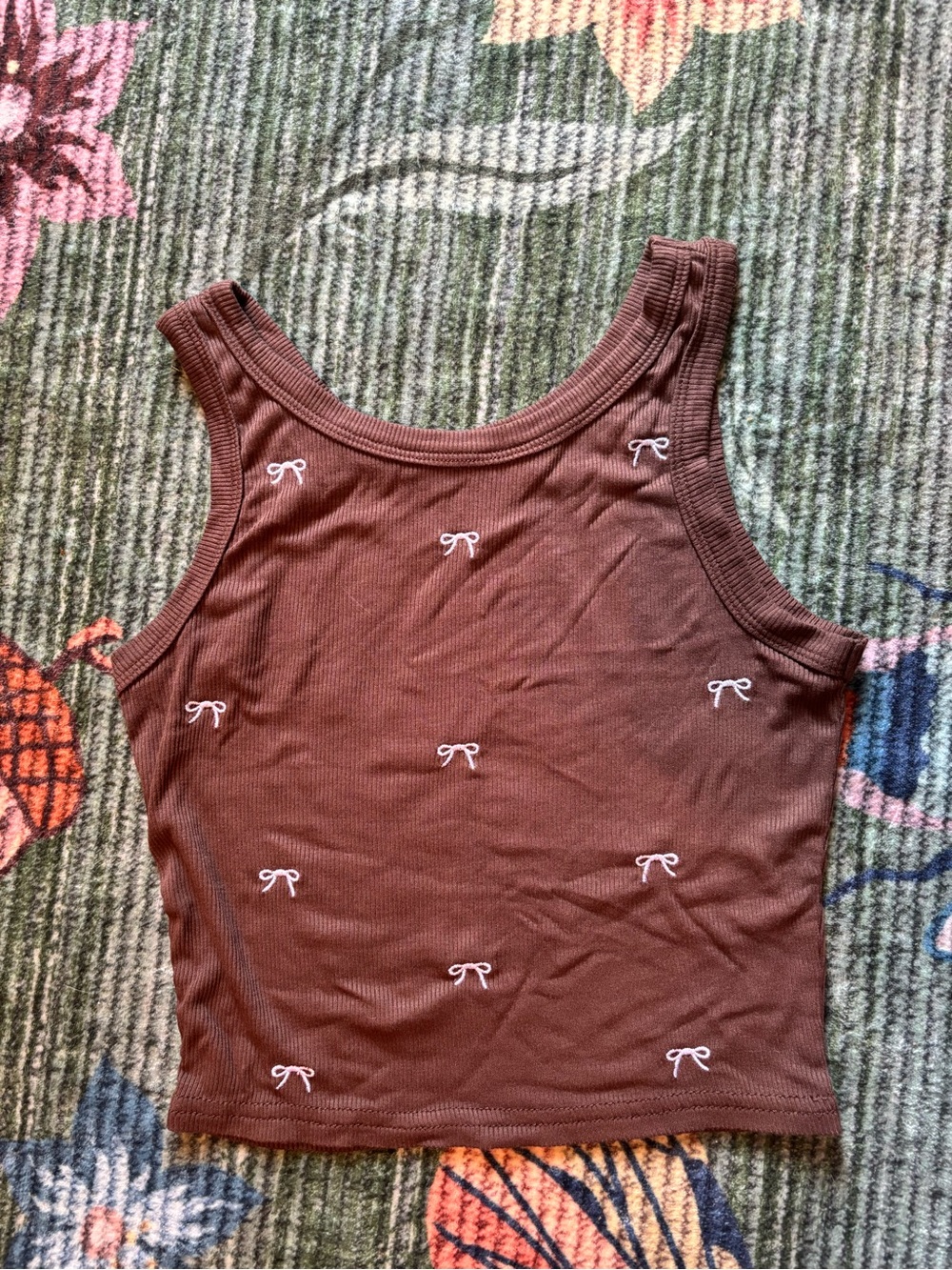 Brown Bow-Embroidered Ribbed Tank Top - Women